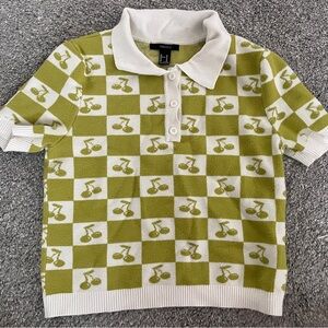 Forever 21 Green and White Checkered Polo Shirt with Cherries